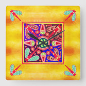 Mexican Huichol Golden & Lila Art Patterns Quadratische Wanduhr (Vorderseite)