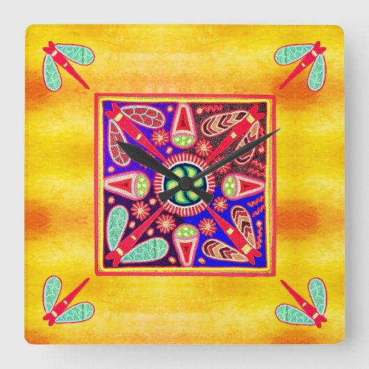 Mexican Huichol Golden & Lila Art Patterns Quadratische Wanduhr (Vorderseite)