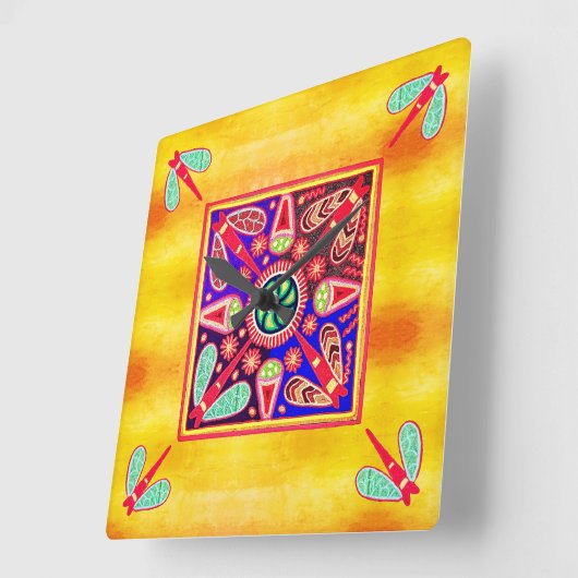 Mexican Huichol Golden & Lila Art Patterns Quadratische Wanduhr (Winkel)