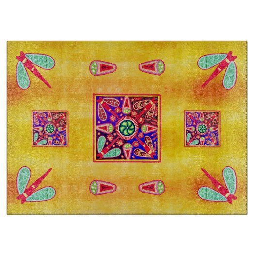 Mexican Huichol Golden & Lila Art Patterns Schneidebrett (Vorderseite)