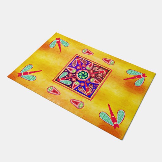 Mexican Huichol Golden & Lila Art Patterns Trink Fußmatte (Schrägansicht)