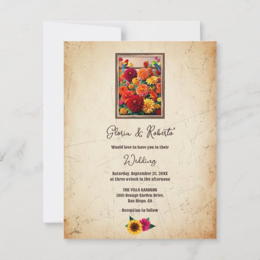 Mexican Lovebirds with Dahlia Garden Wedding Einladung (Rückseite)