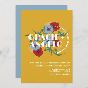 Mexican Mustard Blue Florals Wedding Einladung