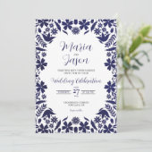 Mexican Navy Blue Floral Classic Aesthetic Wedding Einladung (Stehend Vorderseite)