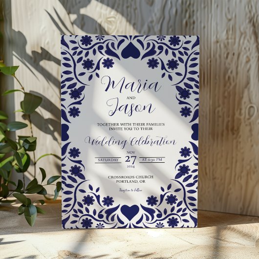 Mexican Navy Blue Floral Elegant Romantic Wedding Einladung