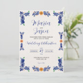 Mexican Navy Blue Minimalist Floral Classy Wedding Einladung (Stehend Vorderseite)