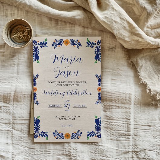 Mexican Navy Blue Minimalist Floral Classy Wedding Einladung