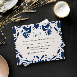 Mexican Otomi Blue Floral Elegante Fiesta Wedding RSVP Karte