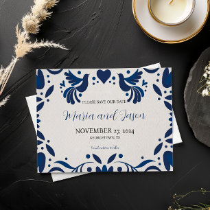 Mexican Otomi Blue Floral Elegante Fiesta Wedding Save The Date