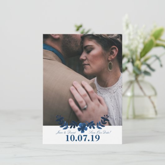 Mexican Otomi Save the Date Card - Navy (Stehend Vorderseite)