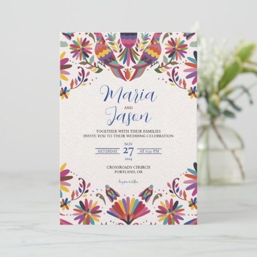Mexican Otomi Tenangos Folk Art Floral Wedding Einladung (Stehend Vorderseite)