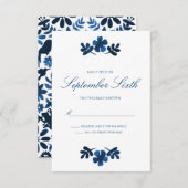 Mexican Otomi Wedding RSVP Card - Navy Blue Einladung (Vorne/Hinten)