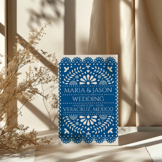 Mexican Papel Picado Blue Folk Art Boda Wedding Einladung