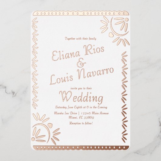 Mexican Papel Picado Gold Wedding Pressed Foil Inv Folieneinladung (Vorderseite)