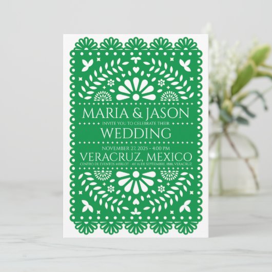 Mexican Papel Picado Green Folk Art Boda Wedding Einladung (Stehend Vorderseite)