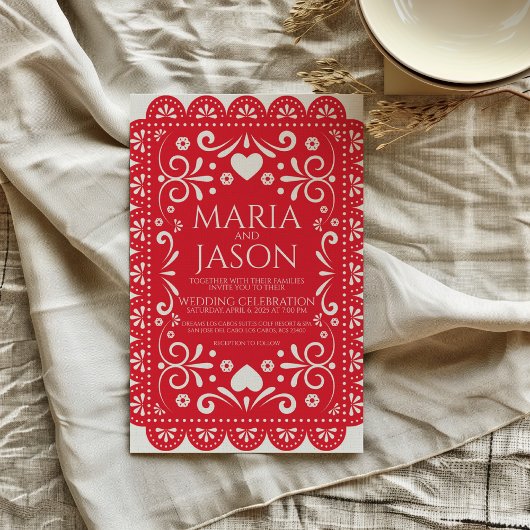 Mexican Papel Picado Red White Folk Art Wedding Einladung