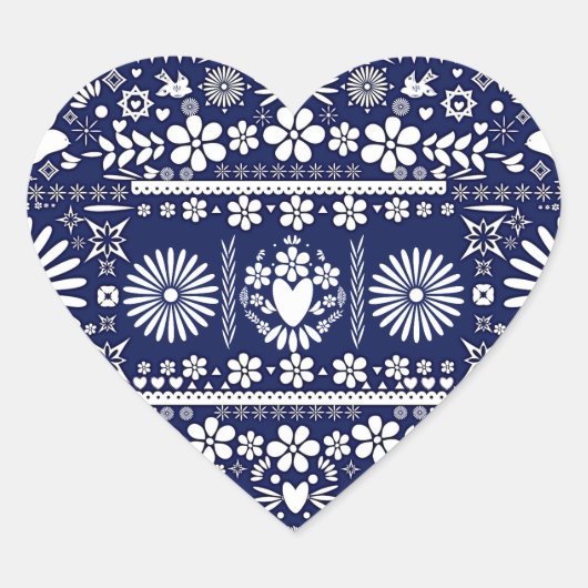 Mexican Picado Blue White Paper Hochzeit Herz-Aufkleber (Vorderseite)