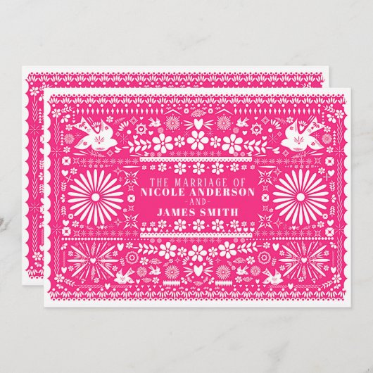Mexican Picado Bright Hot Pink Wedding Einladung (Vorne/Hinten)