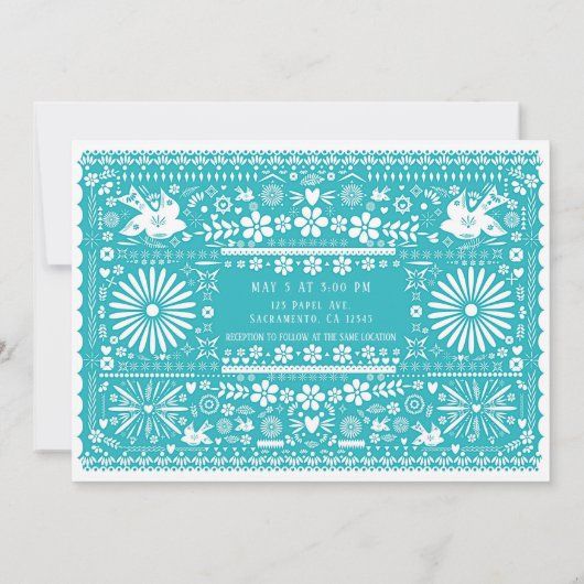 Mexican Picado Cut Turquoise Aquamarine Hochzeitsh Einladung (Rückseite)