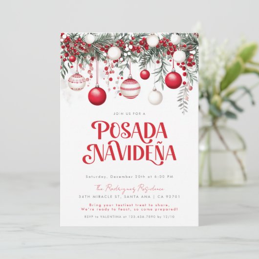 Mexican Posada Navideña Festivals Rote Ornamente Einladung (Stehend Vorderseite)