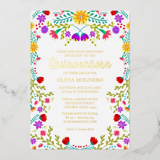 Mexican Quinceanera Fiesta Floral Real Gold Folieneinladung (Vorderseite)