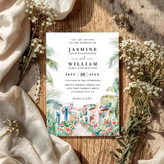 Mexican Scenery Palm Destination QR Code Wedding Einladung