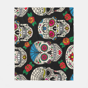 Mexican Skulls & Rose: Vintages Design Fleecedecke