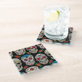Mexican Skulls & Rose: Vintages Design Glasuntersetzer (Schrägansicht)
