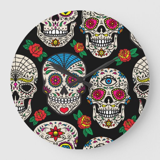 Mexican Skulls & Rose: Vintages Design Große Wanduhr (Vorderseite)