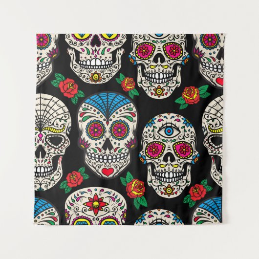 Mexican Skulls & Rose: Vintages Design Wandteppich (Vorderseite)