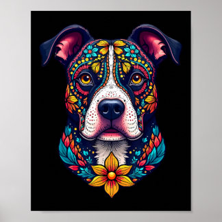 Mexican Sugar Skull Pitbull Dog Dia De Muertos Hal Poster