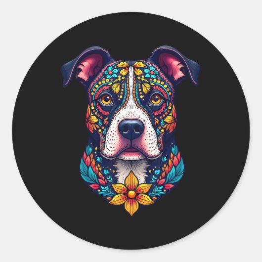 Mexican Sugar Skull Pitbull Dog Dia De Muertos Hal Runder Aufkleber (Vorderseite)