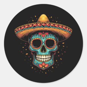 Mexican Sugar Skull Sombrero - Día de los Muertos Runder Aufkleber