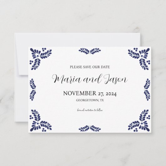 Mexican Talavera Black Floral Minimalist Wedding Save The Date (Vorderseite)