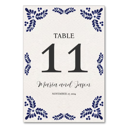 Mexican Talavera Black Floral Minimalist Wedding Tischnummer (Vorderseite)