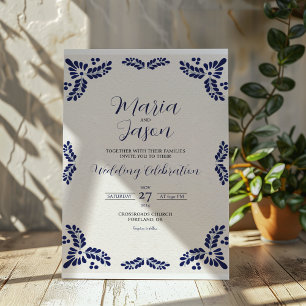 Mexican Talavera Blue Floral Minimalistisch Weddin Einladung
