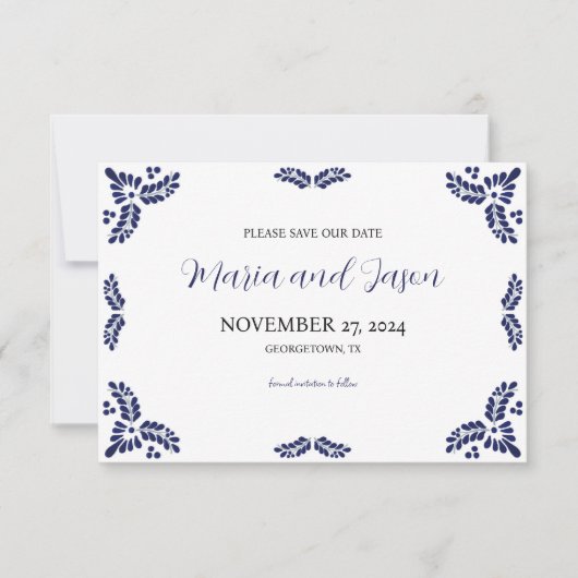 Mexican Talavera Blue Floral Minimalistisch Weddin Save The Date (Vorderseite)