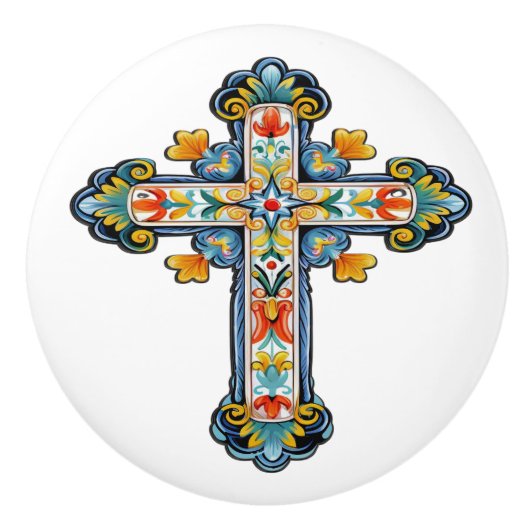 Mexican Talavera Cross Ceramic Knob Keramikknauf (Vorderseite)