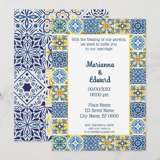 Mexican Talavera Design Wedding Einladung (Vorne/Hinten)