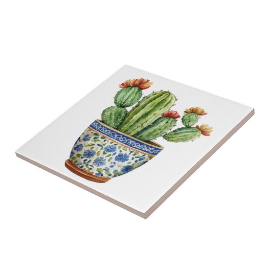 Mexican Talavera Hacienda Style Cactus Tile White Fliese (Seite)