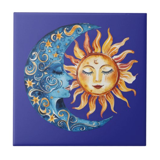 Mexican Talavera Hacienda Style Sun Moon Tile Fliese (Vorderseite)
