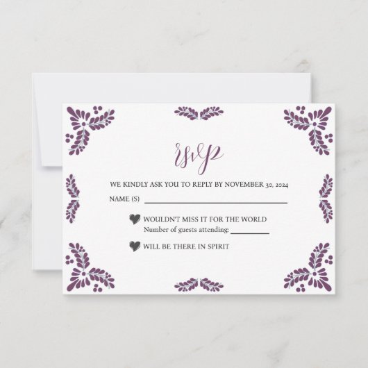 Mexican Talavera Purple Floral Minimalist Wedding RSVP Karte (Vorderseite)