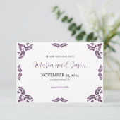 Mexican Talavera Purple Floral Minimalist Wedding Save The Date (Stehend Vorderseite)