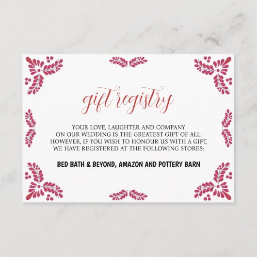 Mexican Talavera Red Floral Minimalist Wedding Begleitkarte (Vorderseite)