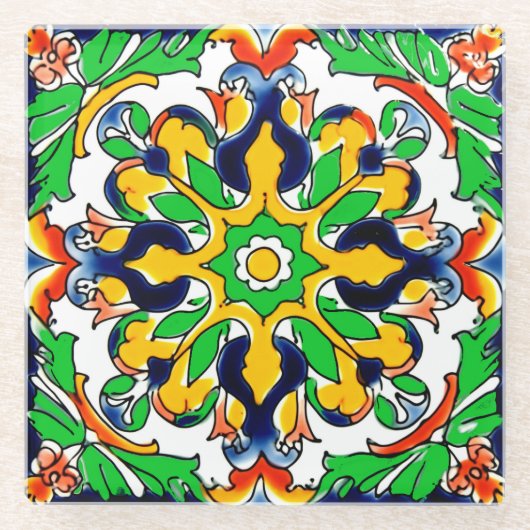 Mexican Talavera Terracotta Tile Design Nr. 4 Glasuntersetzer (Vorderseite)