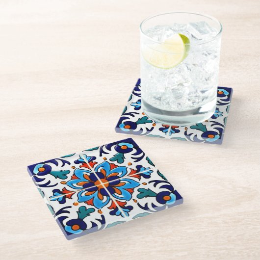 Mexican Talavera Terracotta Tile Design Nr. 9 Glasuntersetzer (Schrägansicht)