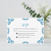 Mexican Talavera Turquoise Minimalist Wedding RSVP Karte (Stehend Vorderseite)
