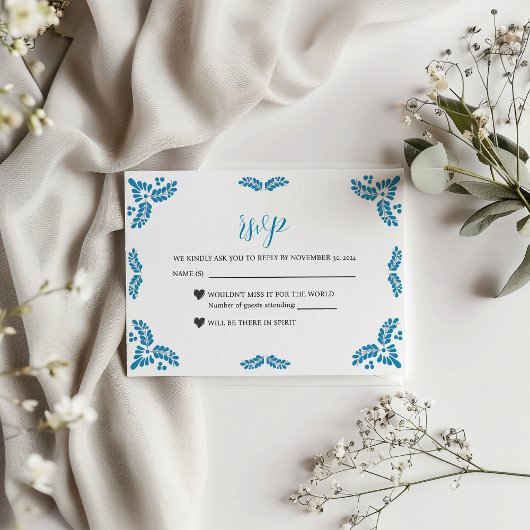 Mexican Talavera Turquoise Minimalist Wedding RSVP Karte