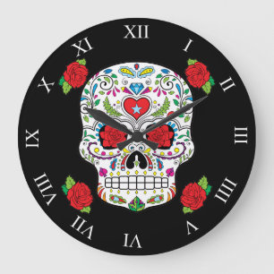 Mexican Tattoo Sugar Skull and Red Roses Große Wanduhr