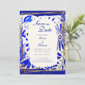 Mexican Wedding Blue Talavera Save the Date Card Einladung (Stehend Vorderseite)